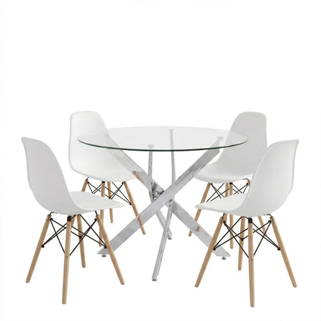 Set masa si scaune Dining, Sticla, Alb, D100x75 cm