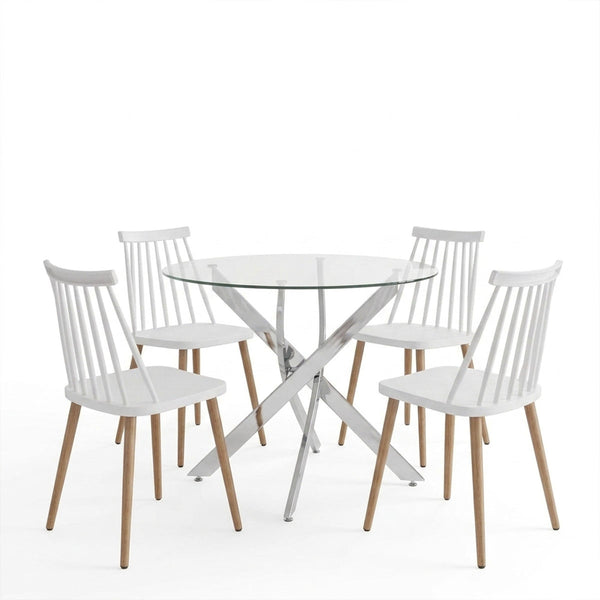 Set masa si scaune Dining, Sticla, Alb, D100x75 cm