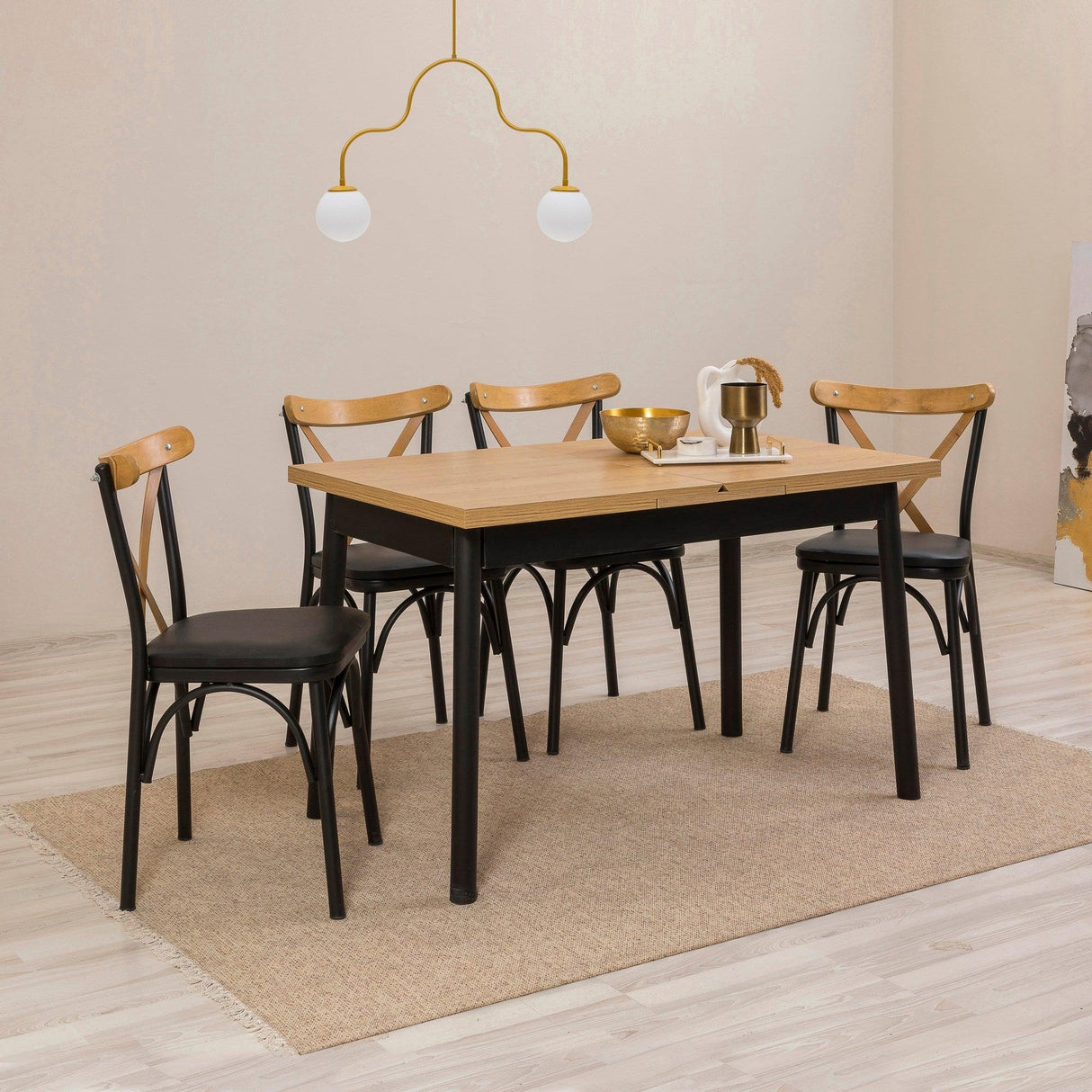 Set masă și scaune extensibile (5 bucăți) OLİVER SBT WHİTE KARİNA-Table & Chairs Set  9, Negru, 77x75x120 cm