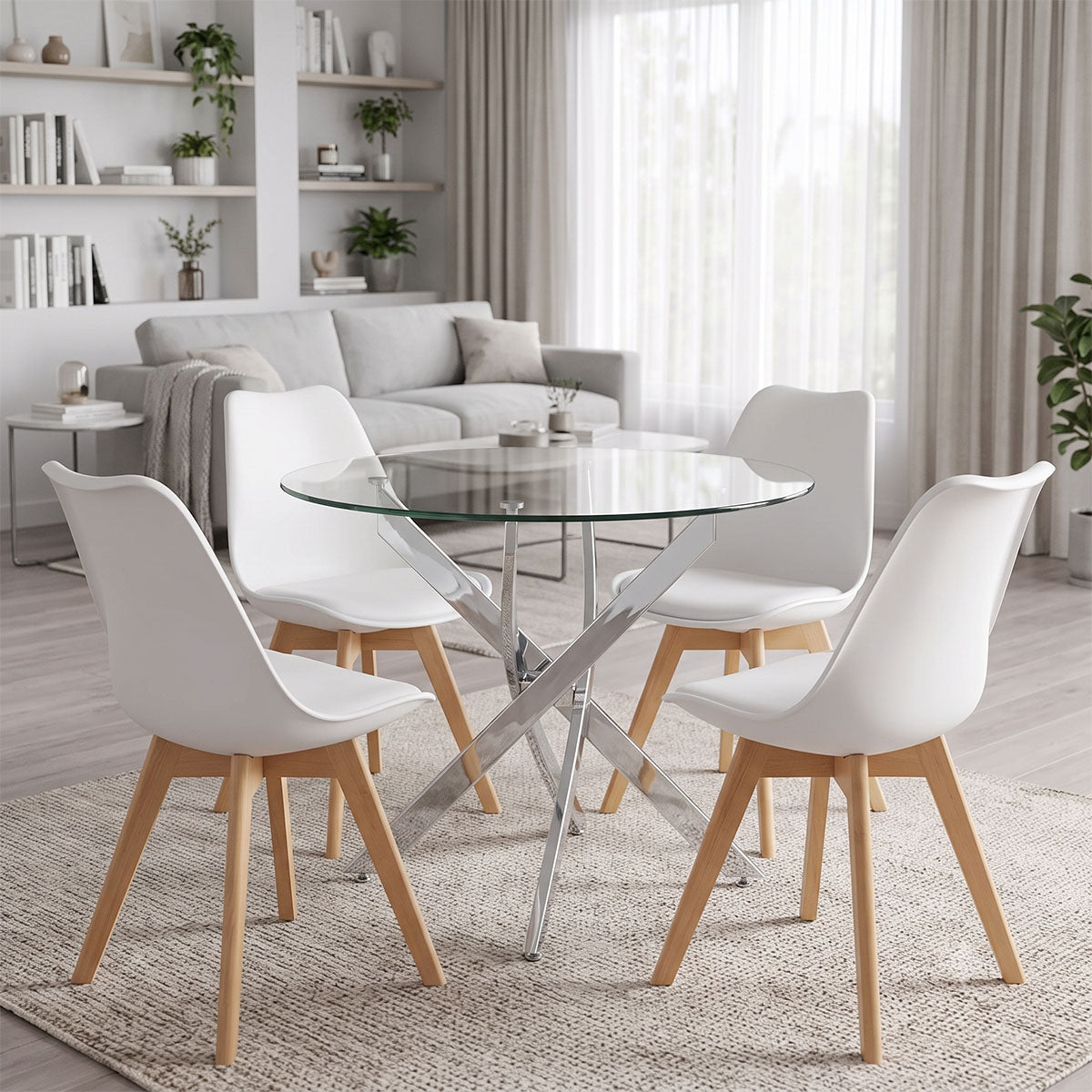 Set masa si scaune Gaston dining, Sticla, D80x75 cm - Alb