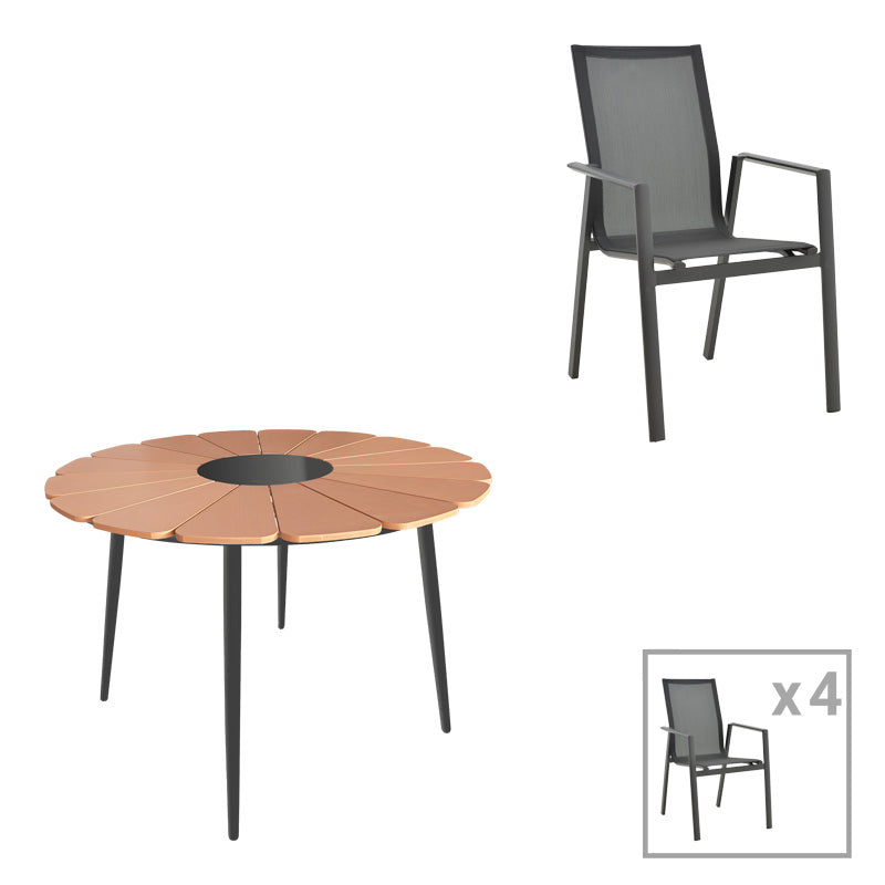 Set masa si scaune Pinap-Dashiell, 5 piese, D110x74 cm - Negru-Natural