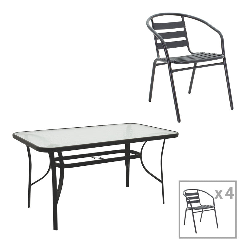 Set masă și scaune Tade-Ensure, Metal și Sticlă, Negru, 140x80x70 cm