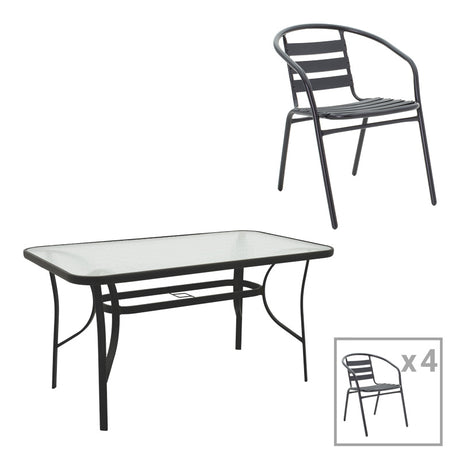 Set masă și scaune Tade-Ensure, Metal și Sticlă, Negru, 140x80x70 cm