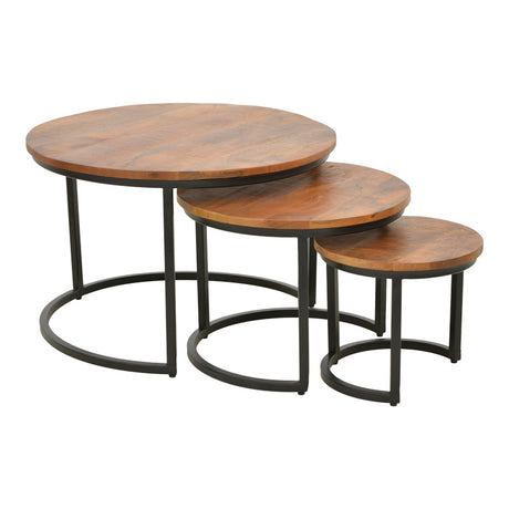 Set Masute de Cafea cu 3 Piese, Lemn de Mango și Picioare de metal, Nuanta Nuc, Diverse, 70x70x45 cm