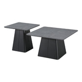 Set mese de cafea pătrate cu bază metalică, piatră sinterizată gri marmură, 2 piese, 80x80x40 cm, imagine suplimentara