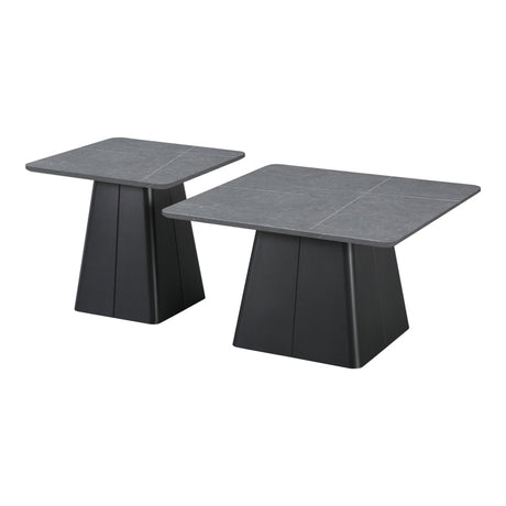 Set mese de cafea pătrate cu bază metalică, piatră sinterizată gri marmură, 2 piese, 80x80x40 cm