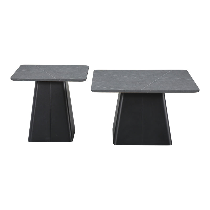 Set mese de cafea pătrate cu bază metalică, piatră sinterizată gri marmură, 2 piese, 80x80x40 cm