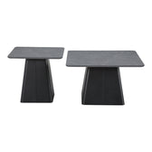 Set mese de cafea pătrate cu bază metalică, piatră sinterizată gri marmură, 2 piese, 80x80x40 cm, detaliu produs