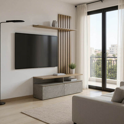 comoda TV Set mobila living cu aspect de marmura, Perlento, culori bej și sonoma, lemn, 140x41x219 cm
