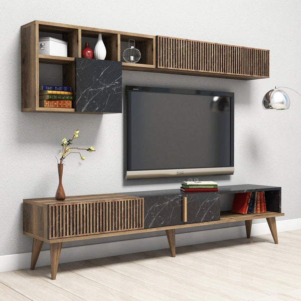 Set Mobila Sufragerie Milan - Walnut, Black, Nuc, 180x40x35 cm