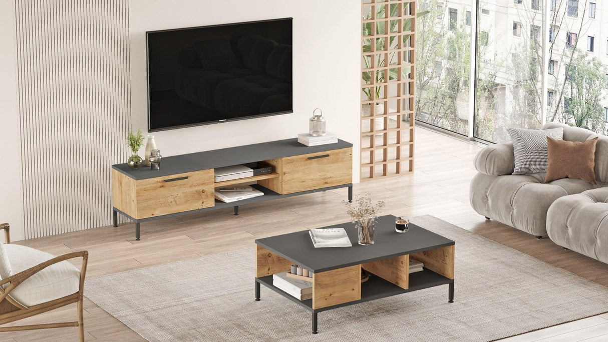 Set Mobila Sufragerie New York, Gri - Stejar, Comoda Tv si Masuta Sufragerie