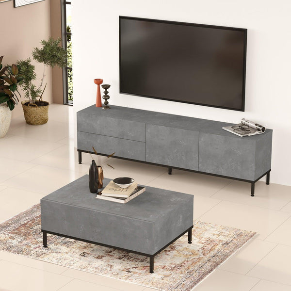 Set Mobila Sufragerie Oslo, Gri, 2 piese, Comoda Tv - Masuta de Cafea, 60x90x10 cm