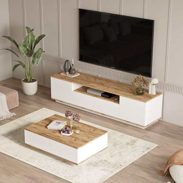 Set Mobila Sufragerie Songul, Stejar, 2 piese, Comoda Tv - Masuta de Cafea, 180x45x45 cm