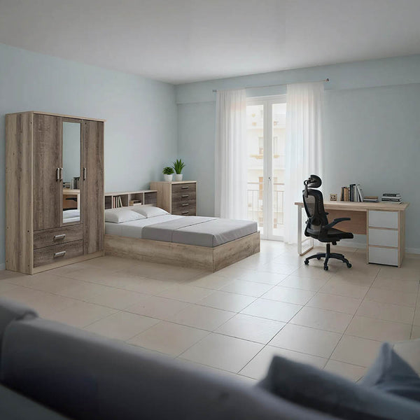 Set mobilier complet pentru studenti Intermission, lemn si metal, 5 piese cu scaun ergonomic, pat 90x200 cm + birou 120x60 cm + dulap 80x180 cm + noptiera 40x50 cm