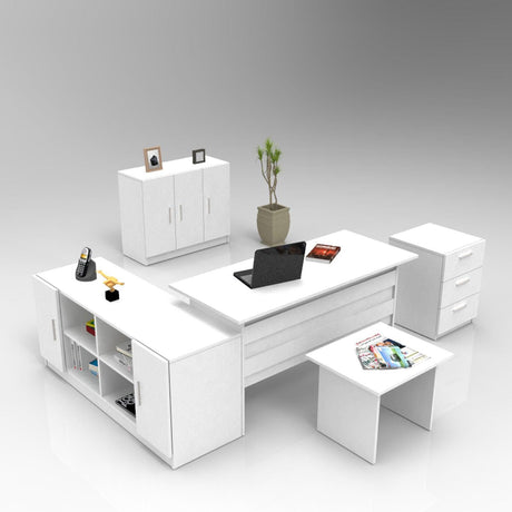 Set mobilier de birou Linta XL, 5 piese, Birou - Biblioteca - Consola - Masa - Rollbox, 140x60x74 cm