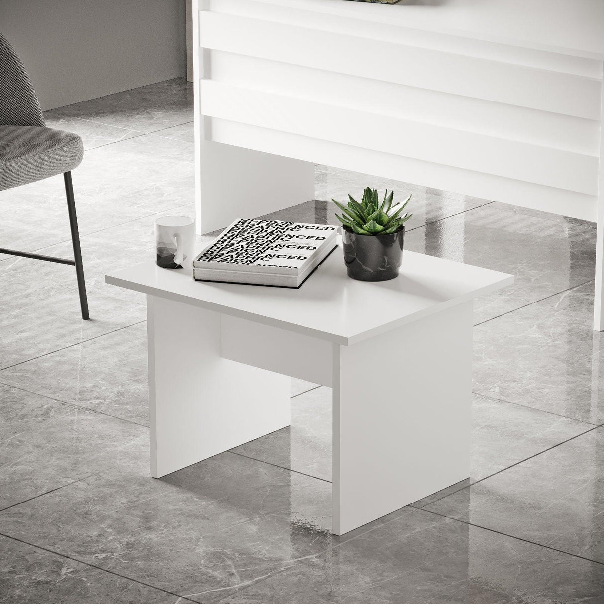 Set mobilier de birou Linta XL, 5 piese, Birou - Biblioteca - Consola - Masa - Rollbox, 140x60x74 cm - Alb