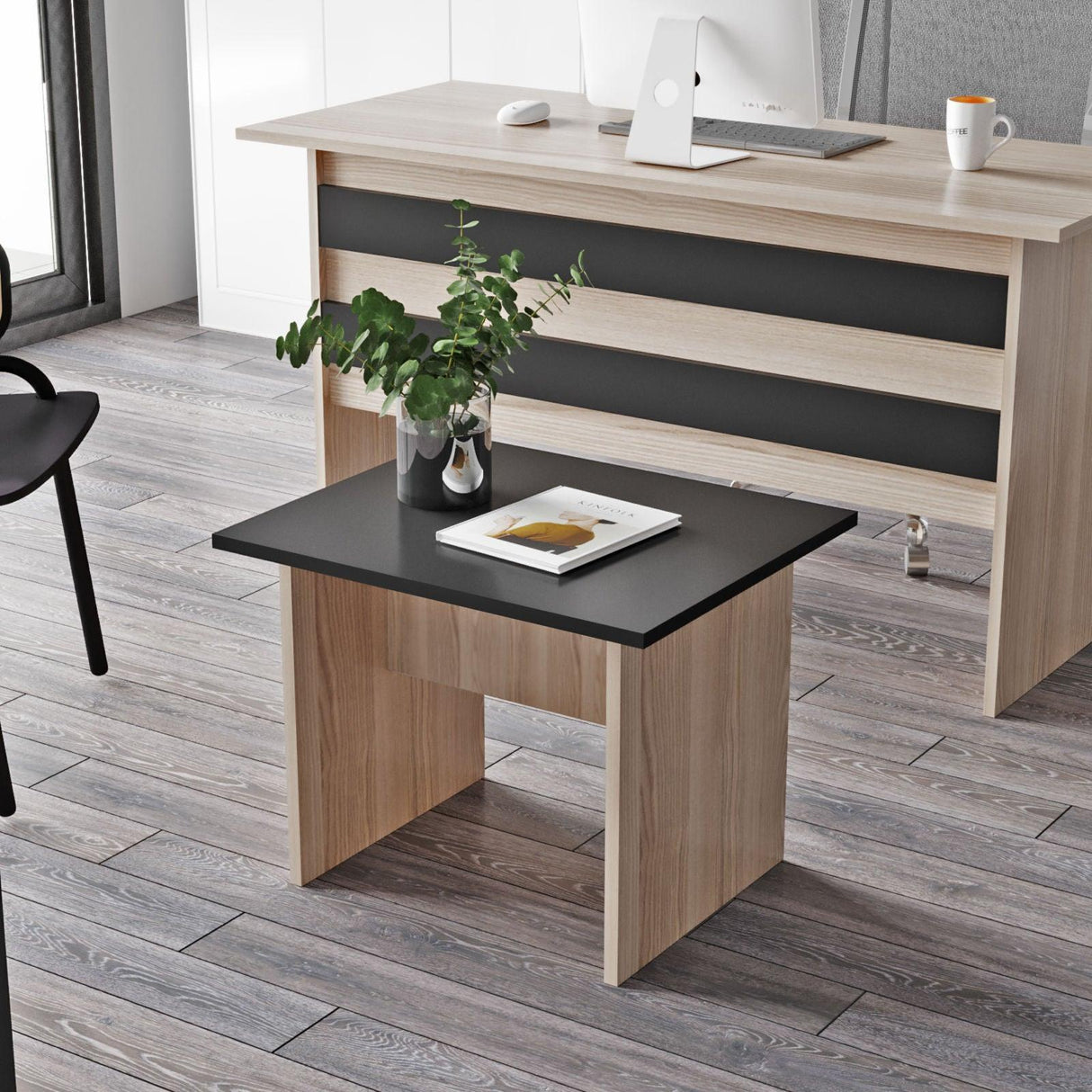 Set mobilier de birou Linta XL, 5 piese, Birou - Biblioteca - Consola - Masa - Rollbox, 140x60x74 cm - Bej