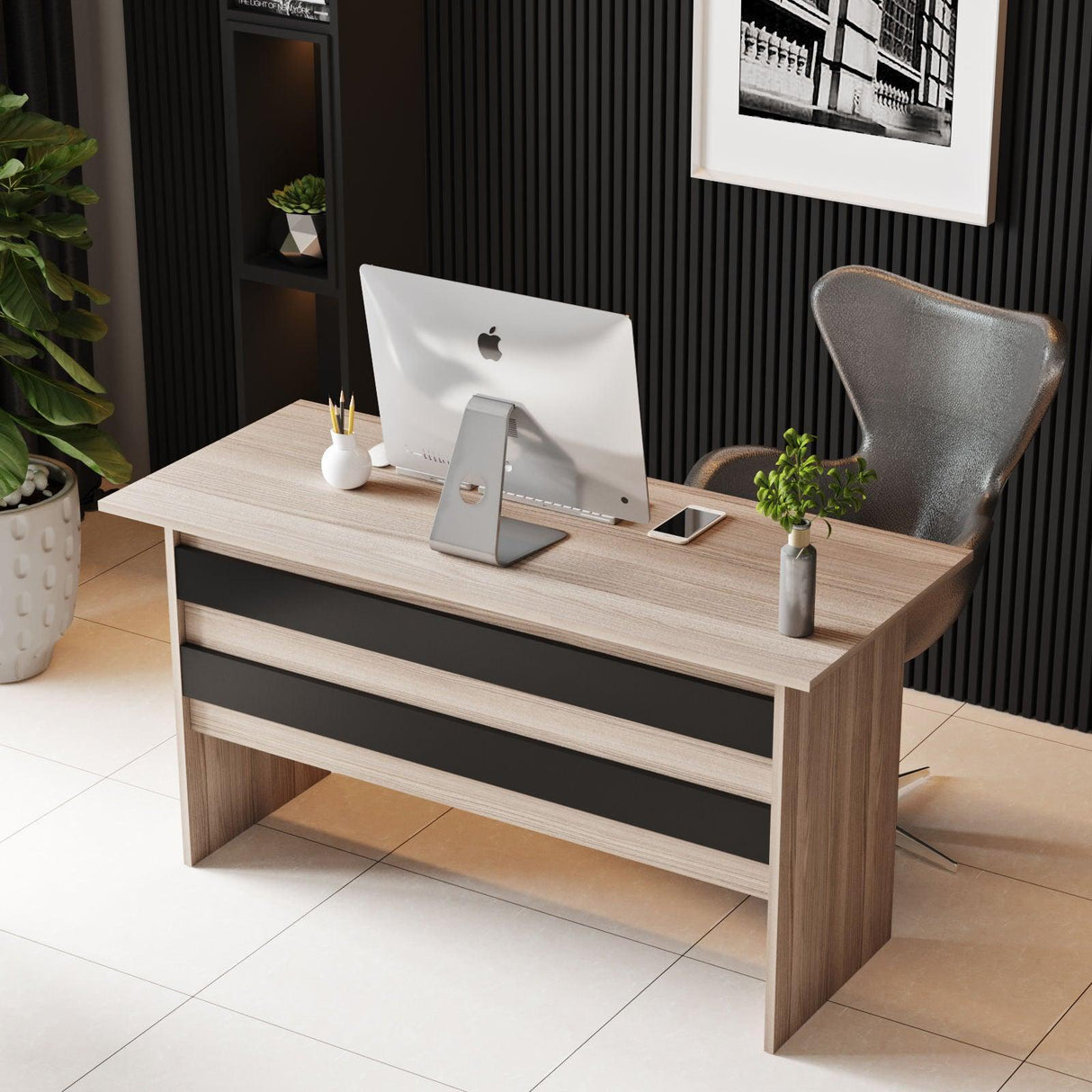 Set mobilier de birou Linta XL, 5 piese, Birou - Biblioteca - Consola - Masa - Rollbox, 140x60x74 cm - Bej