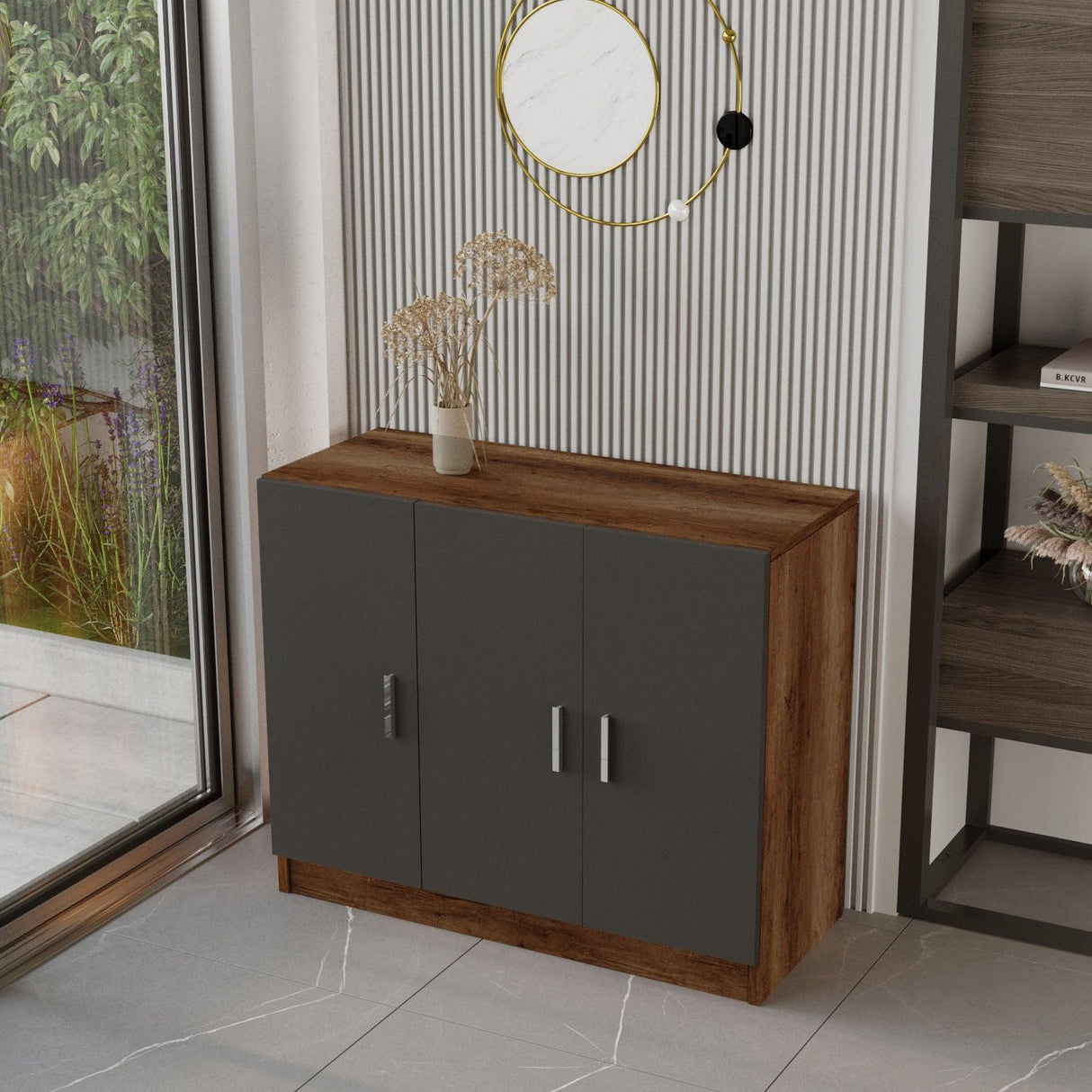 Set mobilier de birou Linta XL, 5 piese, Birou - Biblioteca - Consola - Masa - Rollbox, 140x60x74 cm - Maro