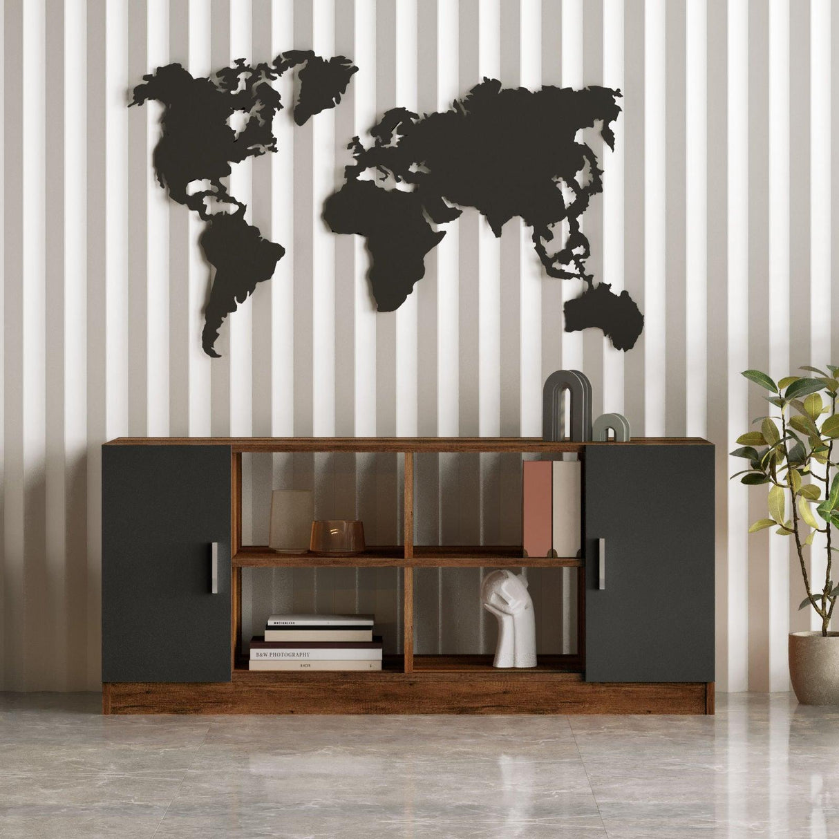 Set mobilier de birou Linta XL, 5 piese, Birou - Biblioteca - Consola - Masa - Rollbox, 140x60x74 cm - Maro