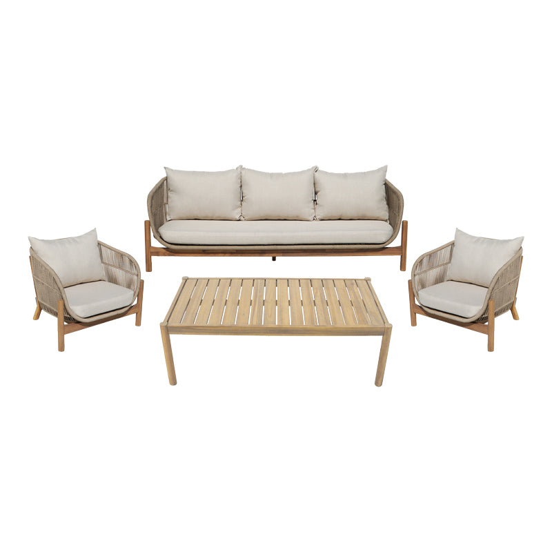 Set mobilier de exterior cu măsuță și canapele Verilan, lemn masiv de acacia și șnur, perne bej, variate, 214x77x70 cm
