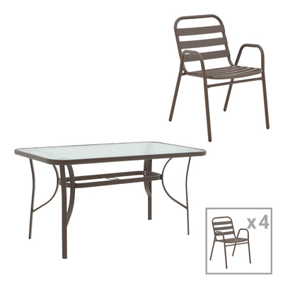 Set mobilier de sufragerie cu masă și scaune, Sussie-Ensure, Metal și sticlă, 120x70x70 cm, Maro