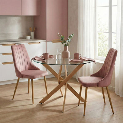 Masa Cu Scaune Set Mobilier Dining Azori cu Scaune Roz Prafuit și Masă Sticlă Antoro, Sticlă/Metal, 80x75 cm, Set 3 piese