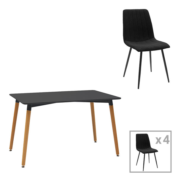 Set Mobilier Dining cu Masă și 4 Scaune, Natali-Noor, Negru, Picioare Lemn, 120x80x76 cm