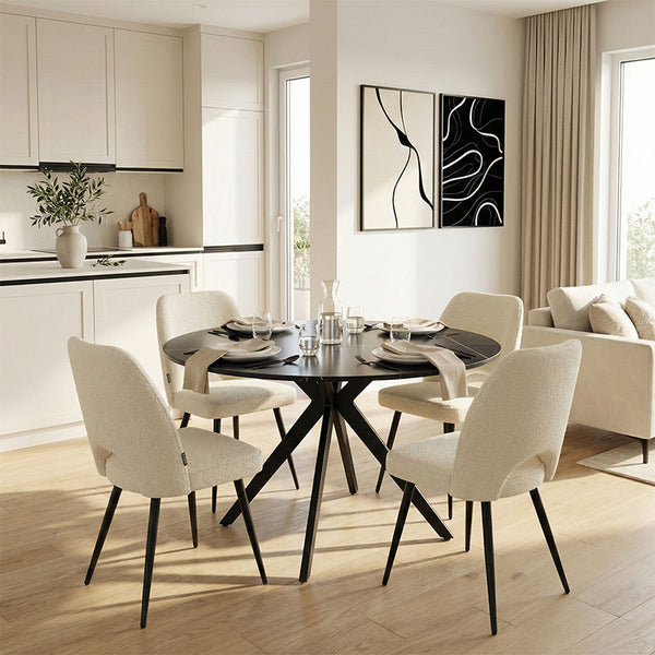 Set Mobilier Dining cu Scaune Albe Renish și Masă Neagră Orbital, Metal și Lemn, 120x76 cm