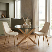 Masa Cu Scaune Set Mobilier Dining cu Scaune Azori Beige și Masă de Sticlă Antoro, Sticlă/Metal, 80x75 cm, 3 piese