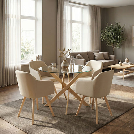 Set Mobilier Dining cu Scaune Brațe Safira Beige și Masă Sticlă Antoro, Sticlă/Metal, Masă: , Set 5 Piese, 100x75 cm