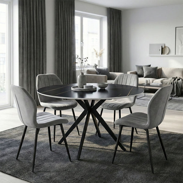 Set Mobilier Dining cu Scaune Gri Jelour și Masă Rotundă Neagră Orbital, Metal și Lemn, D120x H76, Set 5 Piese, 120x120x76 cm