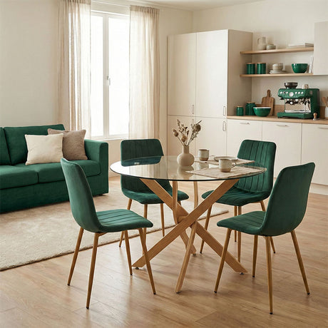 Set Mobilier Dining cu Scaune Noor Cypress și Masă Antoro cu Blat din Sticlă, Metal și Sticlă, Masă, Set 5 Piese, D100x75 cm