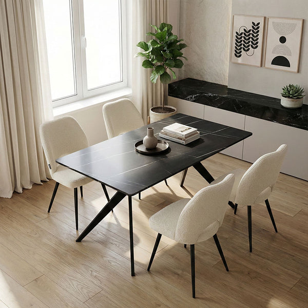 Set Mobilier Dining Renish cu Scaune Albe și Masă Ezali Neagră, Lemn/Metal, 140x80x75 cm