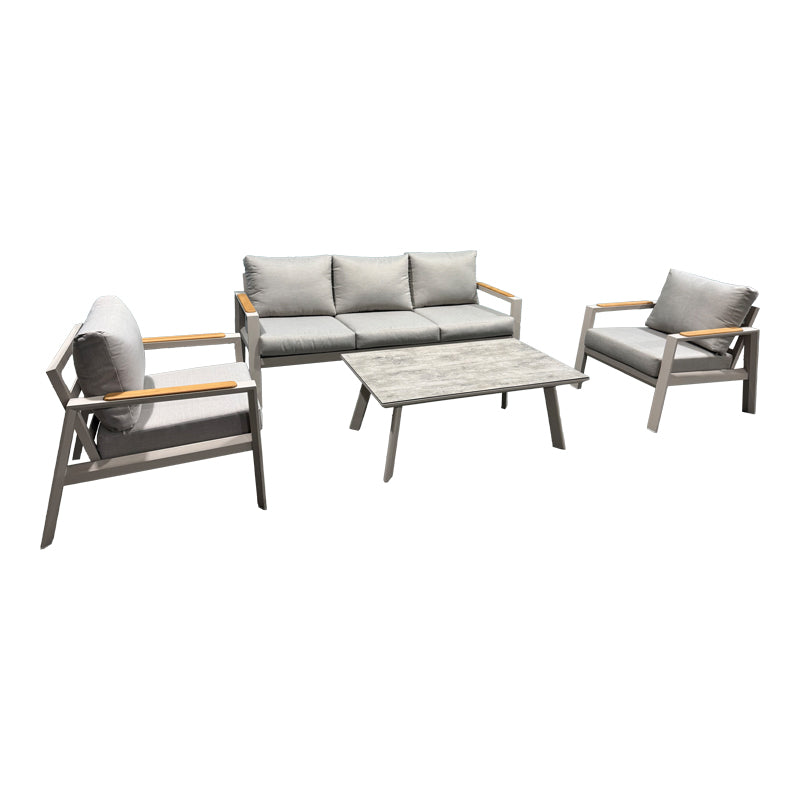 Set mobilier grădină Aeria, aluminiu, tec și țesătură gri, set 4 piese, bej, 201x89x74 cm
