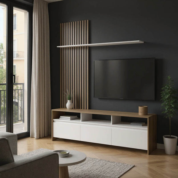 Set de mobilier living cu rafturi Delfina și metal, Sonoma - Negru, 190x40x199 cm
