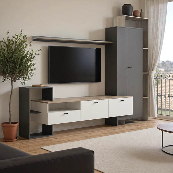 Set mobilier living cu functie de depozitare Ferefia, Alb, 240x45x189 cm