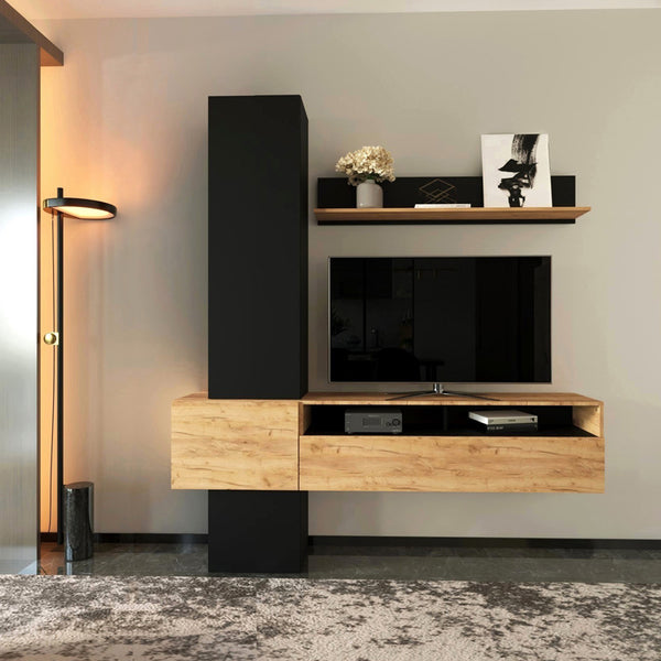 Set mobilier living cu functie de depozitare Wendy, Lemn/metal, Stejar, 195x37x219 cm