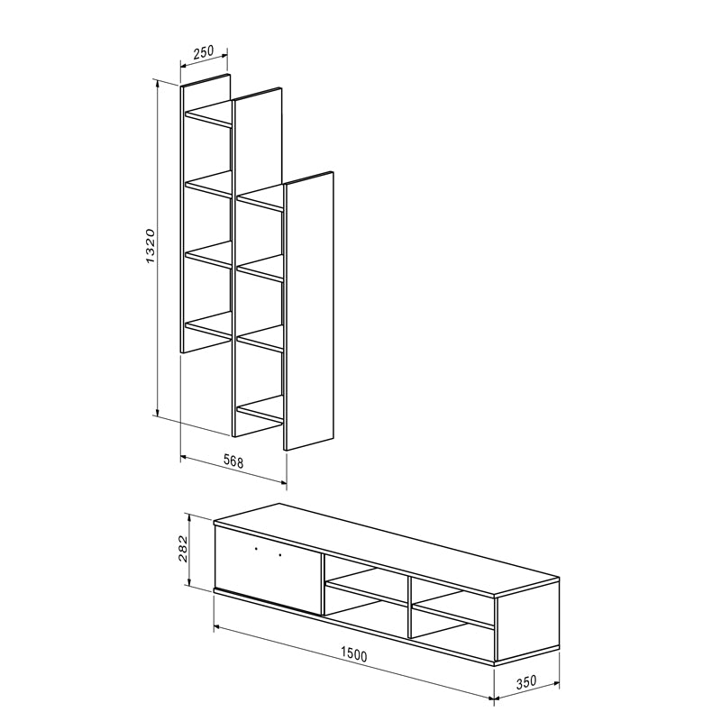 Set mobilier living cu rafturi Sarona, Lemn, stejar, 150x35x160 cm
