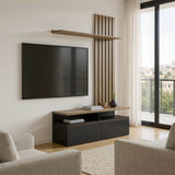 Set mobilier living cu spatiu de depozitare Perlento, Lemn, Negru și Sonoma, 140x41x220 cm