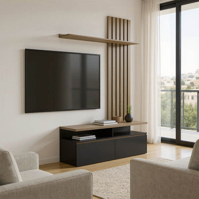 comoda TV Set mobilier living cu spatiu de depozitare Perlento, Lemn, 140x41x219, 5 cm, Negru și Sonoma