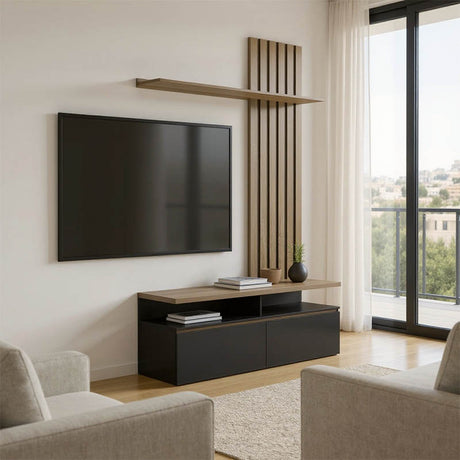 Set mobilier living cu spatiu de depozitare Perlento, Lemn, Negru și Sonoma, 140x41x220 cm