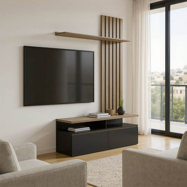 Set mobilier living cu spatiu de depozitare Perlento, Lemn, Negru și Sonoma, 140x41x220 cm