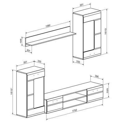 Set mobilier living modern Saleto, lemn, Alb, 230x39x202 cm, detaliu produs