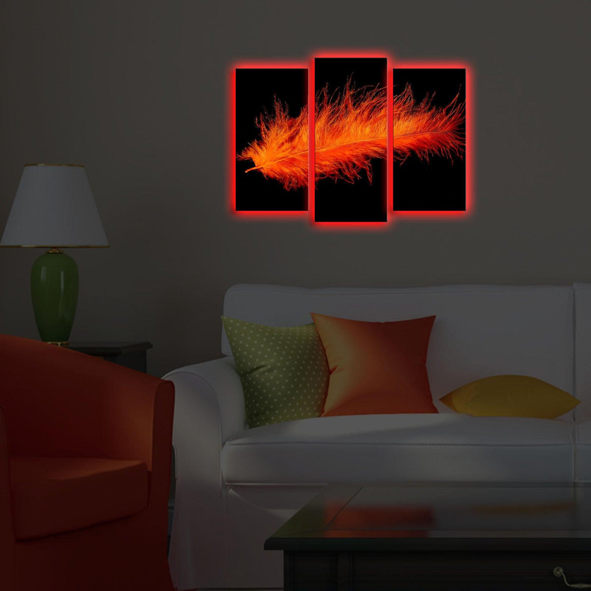 Tablou Canvas cu Led Pana Rosu, Multicolor, 66 x 45 cm