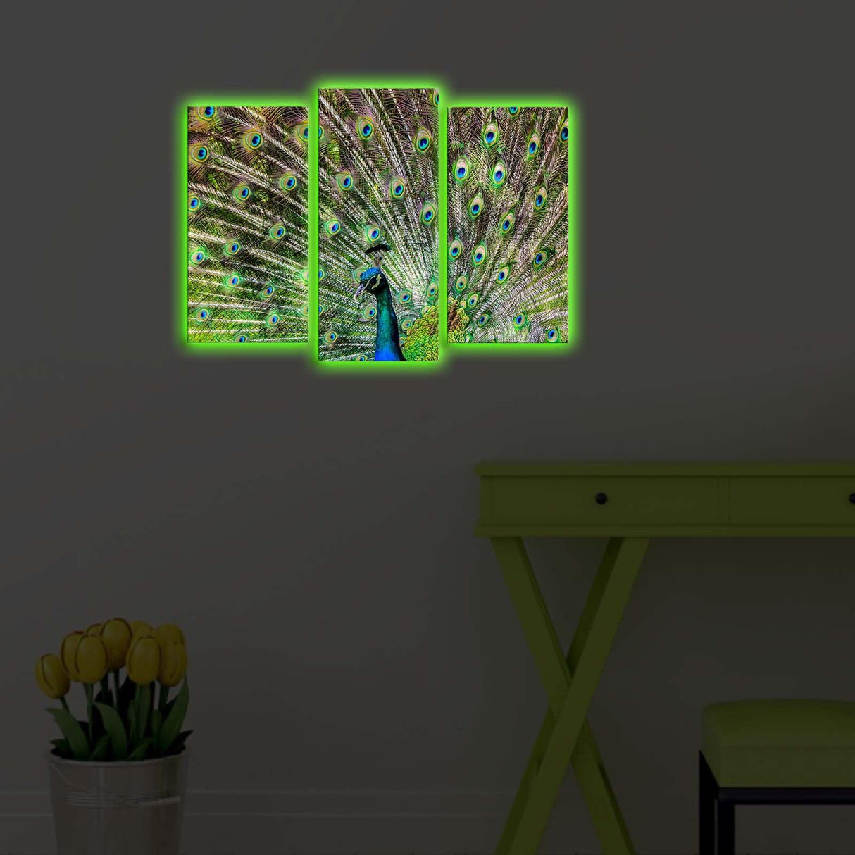 Tablou Canvas cu Led Paun Verde, Multicolor, 66 x 45 cm