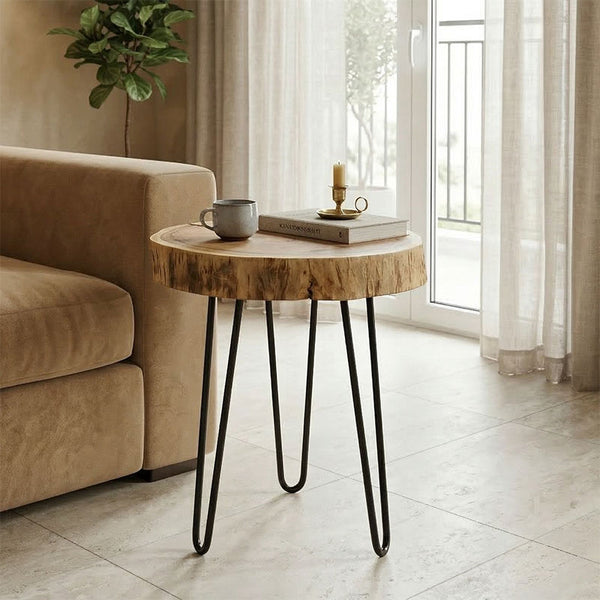 Tripp I Măsuță laterală solid acacia lemn Natural-picioare metalice negre D41χ45cm, 41x41x45 cm
