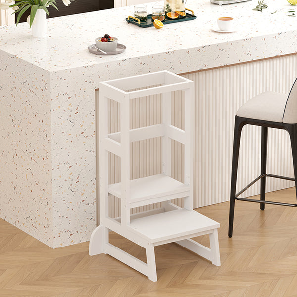 Turnulet de învatare pentru copii Chiquel, stil Montessori, lemn, Alb - Natural, 45x51x90 cm