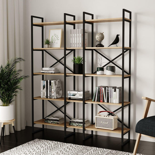 Biblioteca Advantex 5 rafturi Lung cadru metal, Stejar, 144x175x30 cm