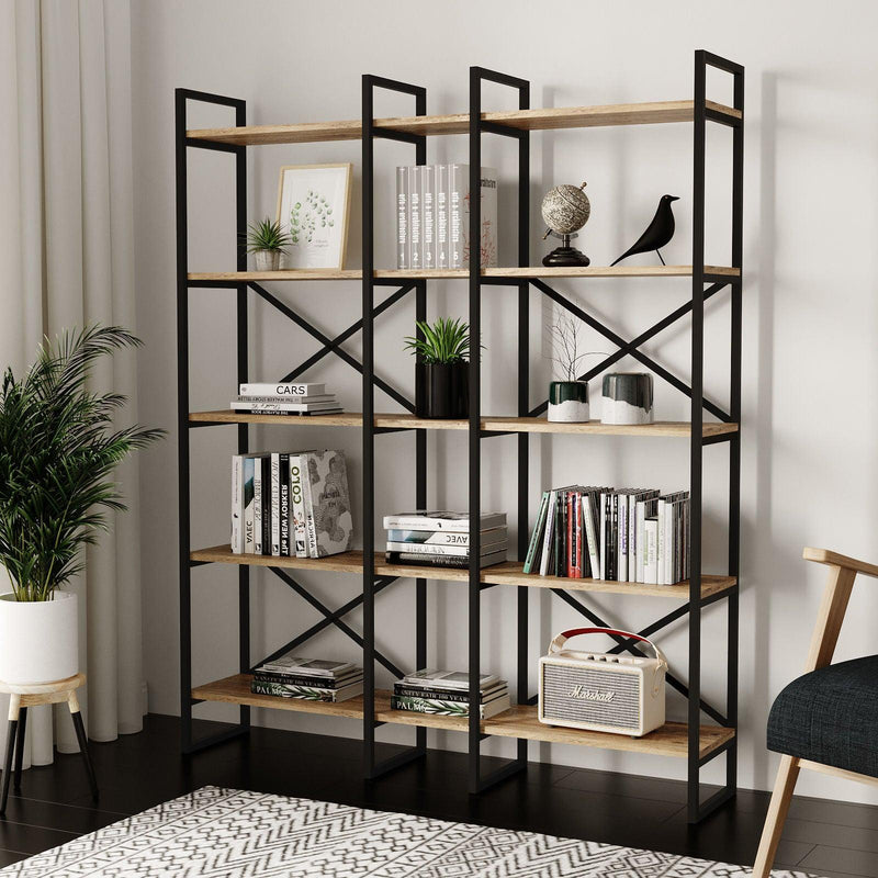 Biblioteca Advantex 5 rafturi Lung cadru metal, Stejar, 144 x 175 x 30 cm